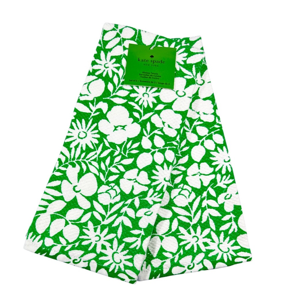 NEW Kate Spade GREEN & WHITE FLORAL PRINT Kitchen Towel 2 Pc Set